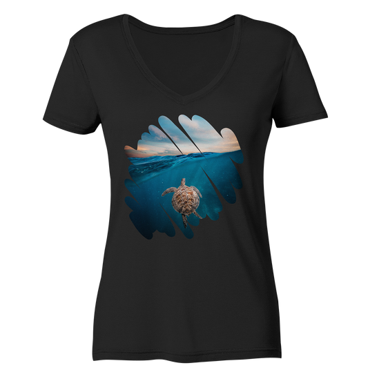 Sea Turtle and Sunrise  - Ladies Organic V-Neck Shirt